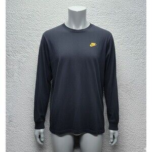 ​Men's M Nike The Nike Tee Black L/S T-Shirt Yellow Swoosh Blue Camo Back Graphi